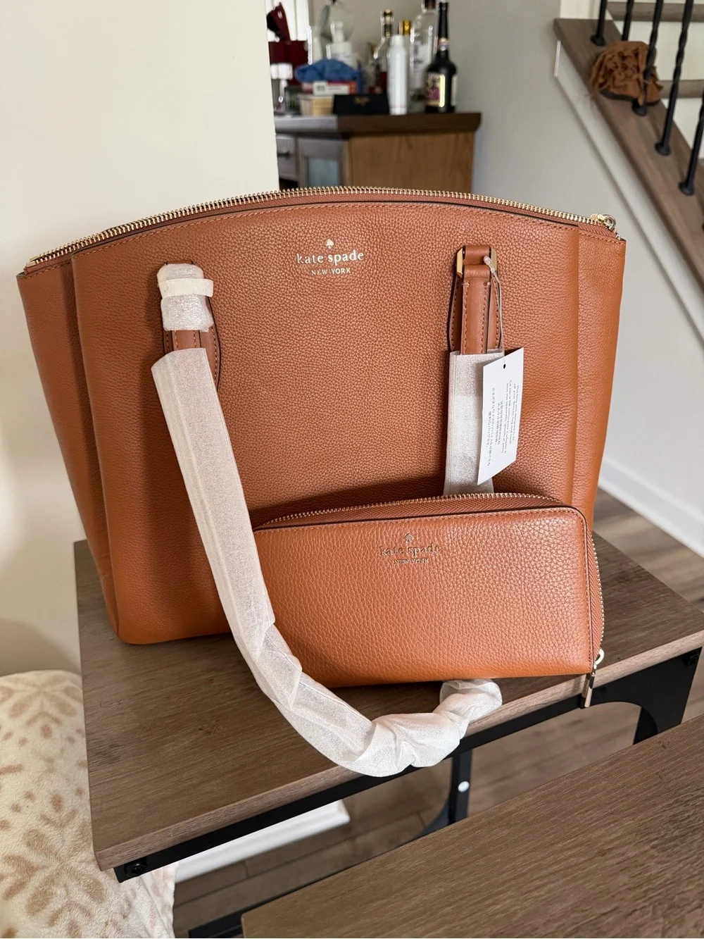 kate spade tan pebbled leather tote with matching wallet